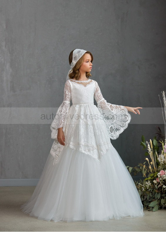 Bell Sleeves Beaded Ivory Eyelash Lace Tulle Flower Girl Dress